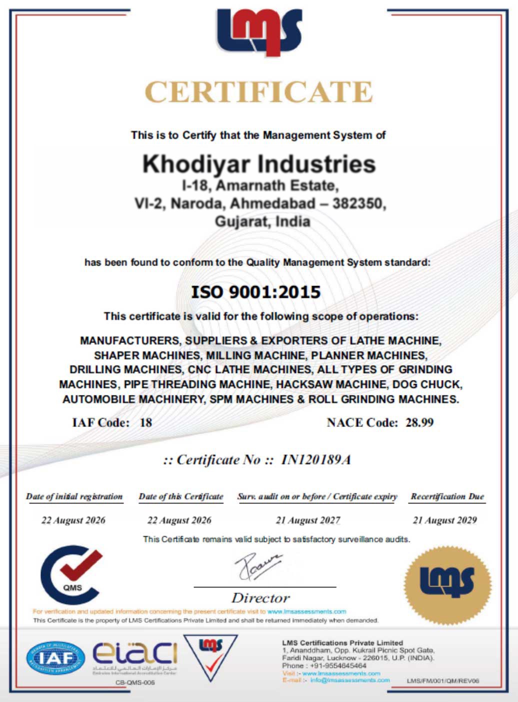 ISO 9001:2015 certificate provided by company